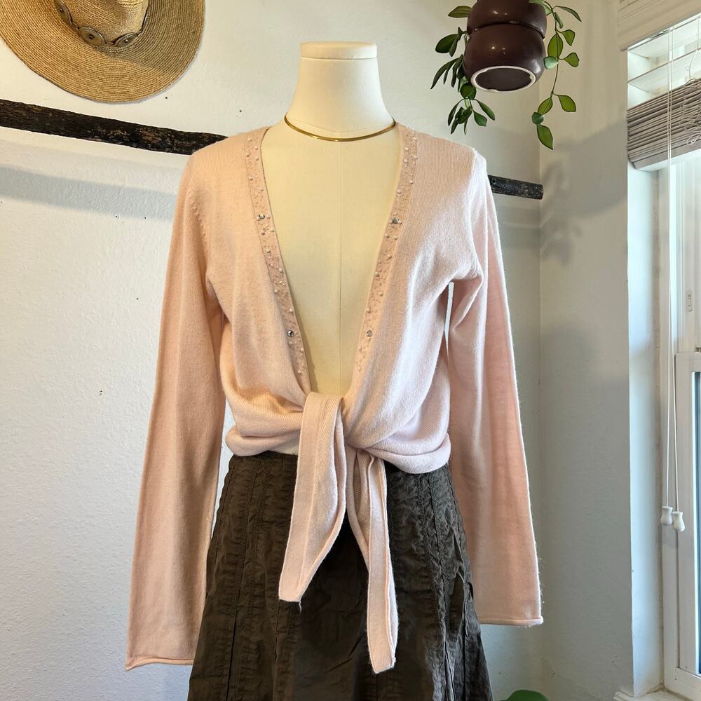 Y2K Pale Pink Soft Acrylic Wrap Beaded Long Sleeve Cropped Blouse Size Medium